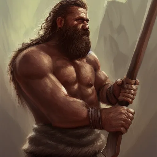 Image similar to portrait of a rugged warrior swinging an axe, muscular, upper body, hairy torso, D&D, fantasy, intricate, elegant, highly detailed, digital painting, artstation, concept art, matte, sharp focus, illustration