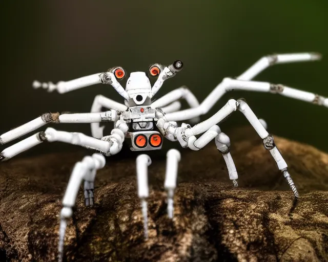 Prompt: photo of a white terminator spider with biomechanical cybernetic body with antennas and visor cogs and gears and components in the forest. cyberpunk horror style. highly detailed 8 k. intricate. nikon d 8 5 0 5 5 mm. award winning photography.