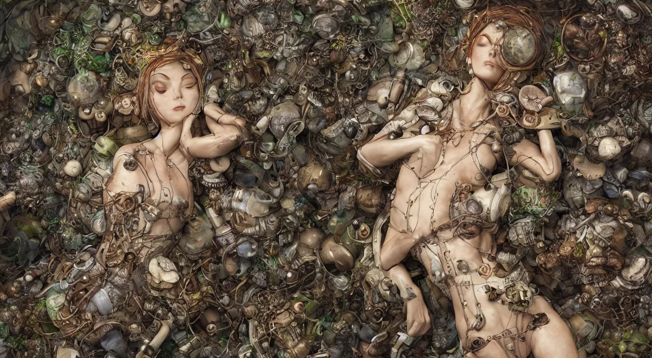 Image similar to a bio - mechanical pretty sleeping giant woman with mushrooms as camouflage highly detailed, cinematic, perfect face, cyberpunk, fine details, studio lighting, subtle shadows, art by katsuya terada, photo - realism, hyper realism, octane render