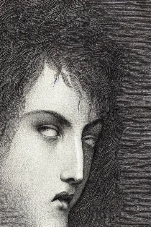 Image similar to extreme close-up hair covering a woman\'s face, forest background, Gustave Dore lithography