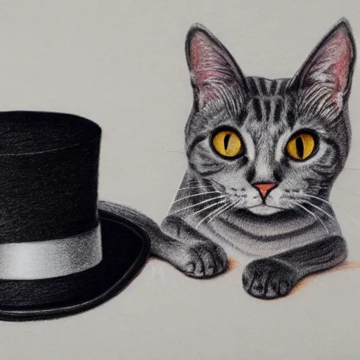 Image similar to portrait of grey tabby cat wearing a top hat next to a black cat wearing a pearl necklace, detailed colored pencil drawing 4 k