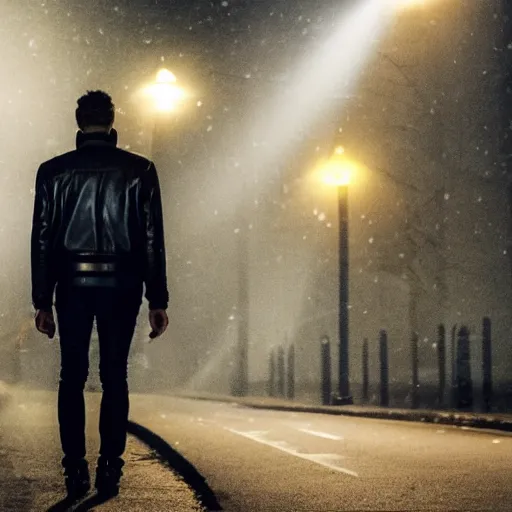 Image similar to shot of young man from back pacing lowering head dressed in short leather bomber jacket to empty narrow alley with street lamps in park with pines to the horizon,, with hands in pockets, snowfall at night, mullet long haircut, black hairs, cinematic, dramatic, detailed, realistic, movie shot, low lighting