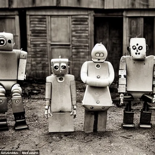 Image similar to the most creepy family photo of robots, 200mm lens, post apocalyptic, sadness, depression, screaming, crying, auschwitz camp