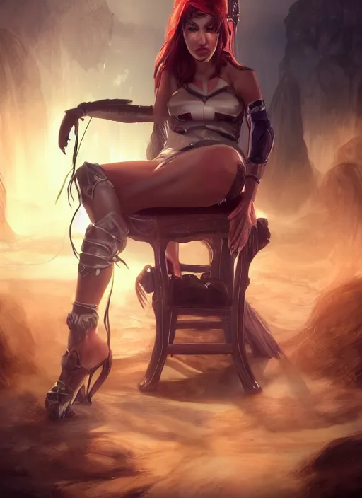 Image similar to An epic fantasy comic book style portrait painting of a tan woman with black hair in a pony tail and serious eyes sitting on a large chair, unreal 5, DAZ, hyperrealistic, octane render, cosplay, RPG portrait, dynamic lighting