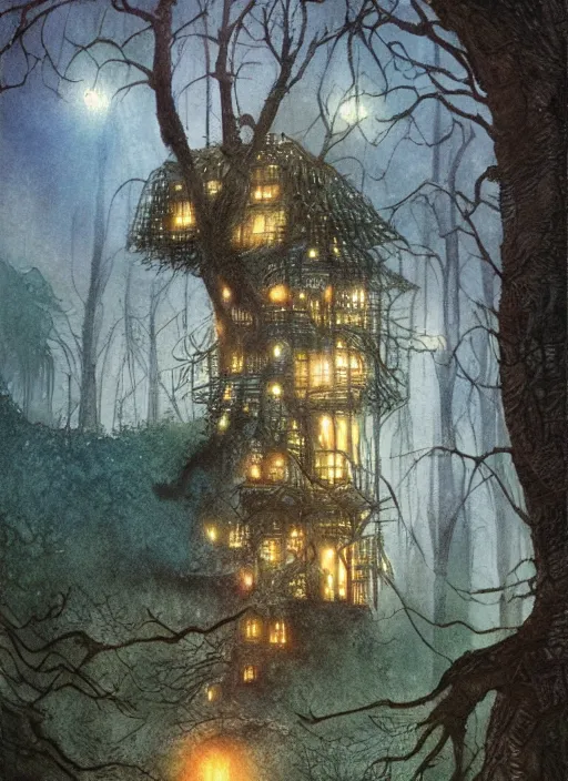 Image similar to treehouse city in the forest with fairy lights, light ground fog, river, detailed fantasy watercolor comic style, subtle colors, by alan lee and john howe