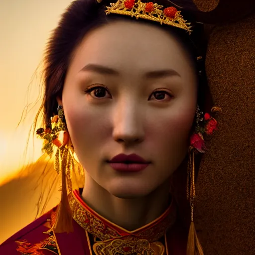 Image similar to photographic portrait of a stunningly beautiful renaissance mongol female in traditional dress in soft dreamy light at sunset, contemporary fashion shoot, by edward robert hughes, annie leibovitz and steve mccurry, david lazar, jimmy nelsson, breathtaking, 8 k resolution, extremely detailed, beautiful, establishing shot, artistic, hyperrealistic, beautiful face, octane render