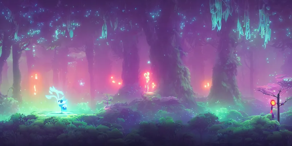 Prompt: Ori and the blind forest, side scrolling trees, Neon Lighting, Subject in Middle, Rule of Thirds, 4K, Retrofuturism, Studio Ghibli, Simon Stålenhag