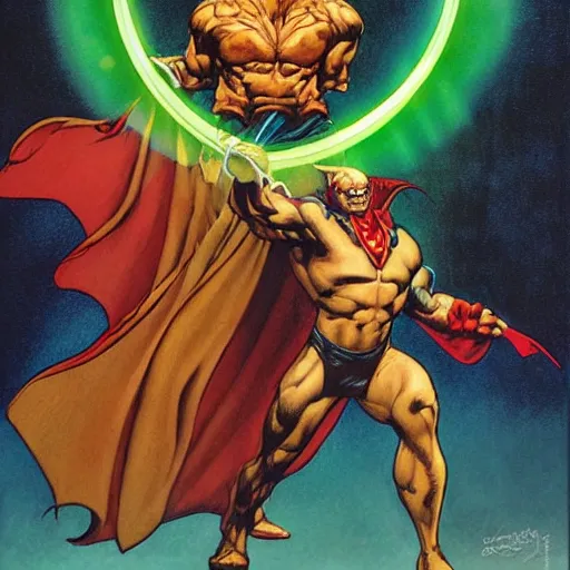 Prompt: supervillain ripped physique portrait Jeremy Irons donning a Etrigan the Demon costume whilst brandishing a green glowing orb norman rockwell jean sebastien rossbach jeff easley jen bartel