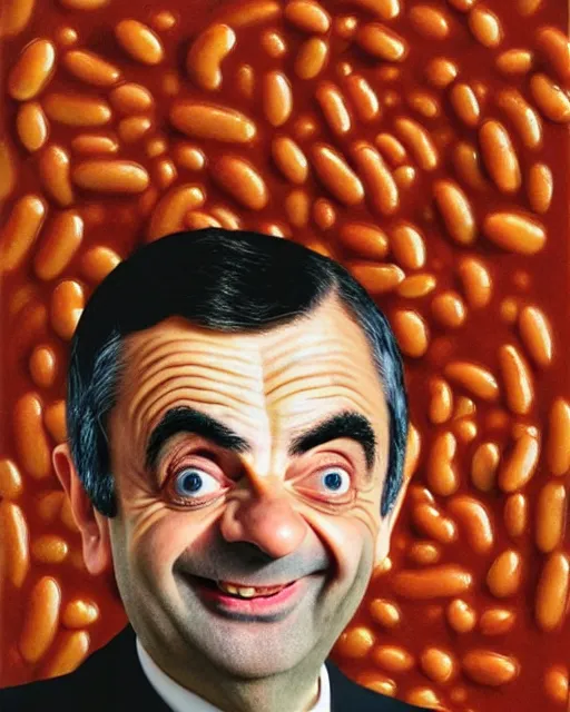 Prompt: portrait of mr bean smiling in a bowl full of baked beans, face covered in beans and tomato sauce, rowan atkinson, mr bean face, surrealist oil painting, highly detailed