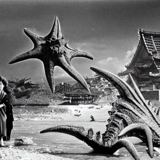 Prompt: a couple escaping from a giant Kaiju Starfish Monster over a traditional Korean village, minimal cinematography by Akira Kurosawa, movie filmstill, film noir, thriller by Fritz Lang and Shin Sang-ok