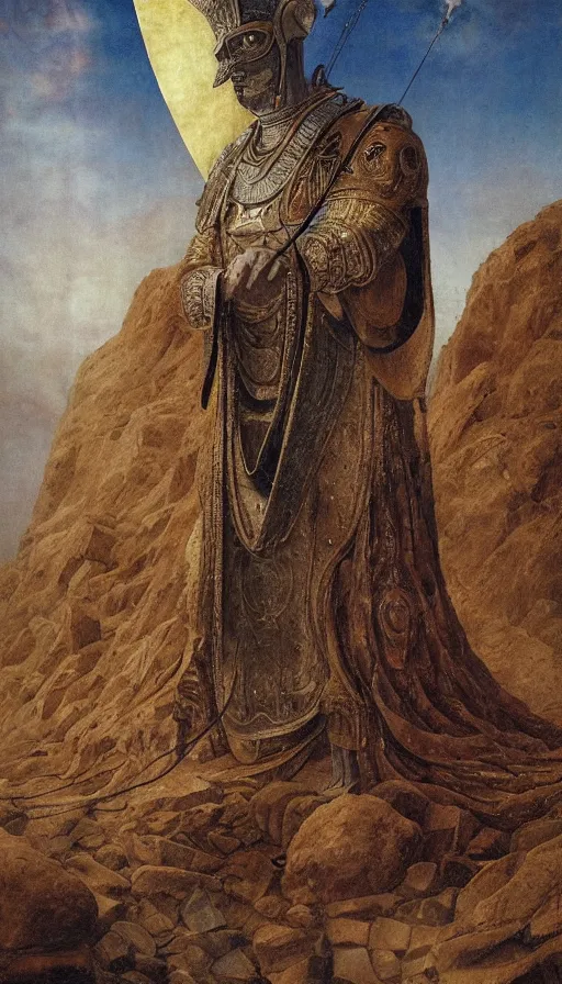 Image similar to the emperor with the head of a ram wearing full body armor, at the top of a barren mountain, golden taurus, mars energy, ankh, wisdom, full body shot, sitting on a stone throne, agostino arrivabene