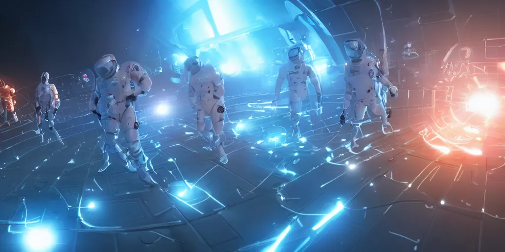 Image similar to futuristic spacemen firing lasers in zero gravity, skintight suits, floating, bright white light, hiding behind obstacles, surrounded by a laser grid, unreal engine, lensflares, low perspective