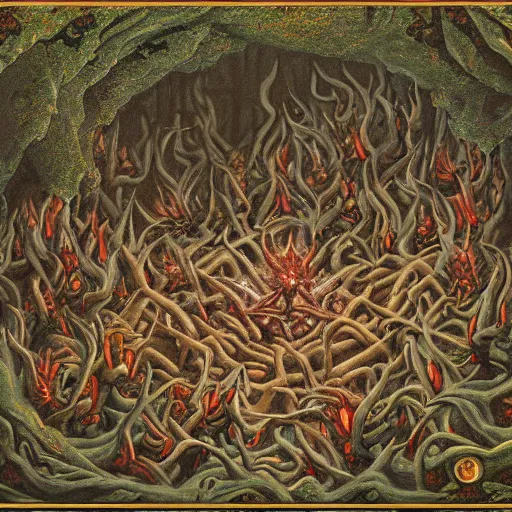 Image similar to crouching demons forming a circle in the woods, by Dan Seagrave and by Dan Witz, glossy digital painting, 8k resolution