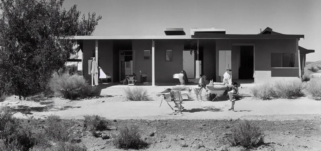 Image similar to single - family craftsman house in desert photographed by stanley kubrick.