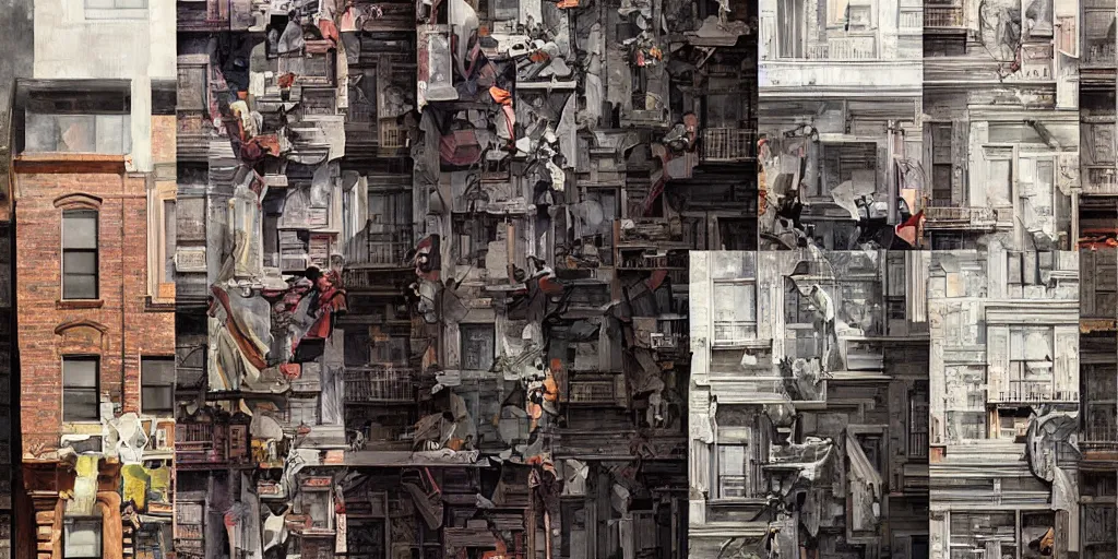 Image similar to new york city block facade cut in half. texture. doors. storefronts. street. art by greg rutkowski and william o'connor