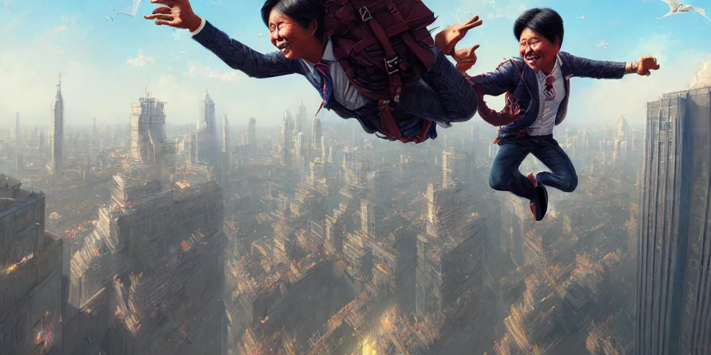 Image similar to bongbong marcos jumping from the highest building in the world, detailed intricate illustration, detailed illustration, hd, 4 k, digital art, overdetailed art, by greg rutkowski, by loish, complementing colors, trending on artstation, deviantart
