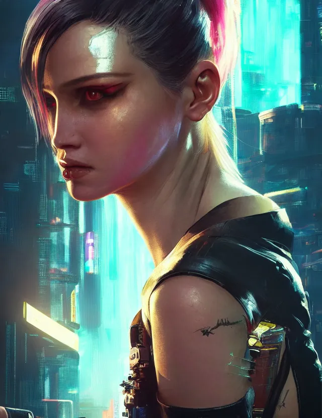 Prompt: close portrait of a young female waitress as cyberpunk 2 0 7 7 concept art, art by ryo shiotani and greg rutkowski, intricate, beautiful, cute, cinematic lighting, vintage art by serge ivanoff, high resolution, very detailed