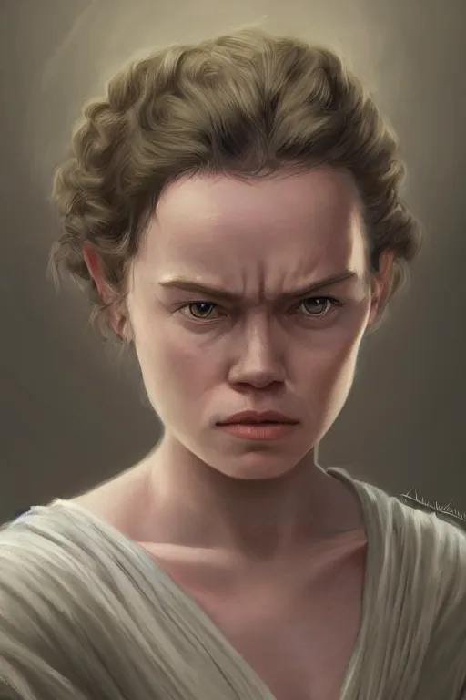 Image similar to Portrait of Daisy Ridley and Yoda's child, Yoda and Daisy Ridley child morph, digital painting, realistic shaded, realistic shaded lighting, fan art, pixiv, by Ilya Kuvshinov, morph dna, face morph, magali villeneuve, Artstation, by Jeremy Lipkin and by Michael Garmash and by Rob Rey