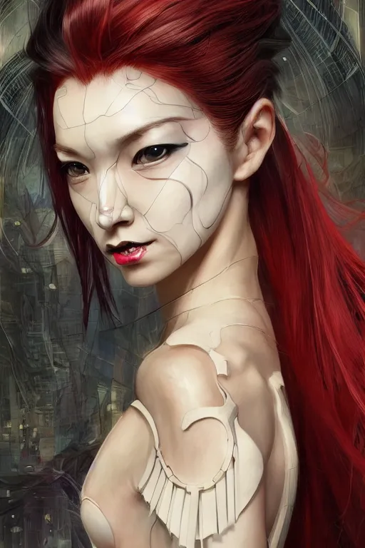 Prompt: > professional dynamtic portrait of female an agile geisha cyberpunk in a dynamic pose , armor elements , long red hair, beautiful bone structure, symmetrical facial features, intricate, elegant, digital painting, concept art, smooth, sharp focus, illustration, by Ruan Jia and Mandy Jurgens , and mucha, and Artgerm and William-Adolphe Bouguerea