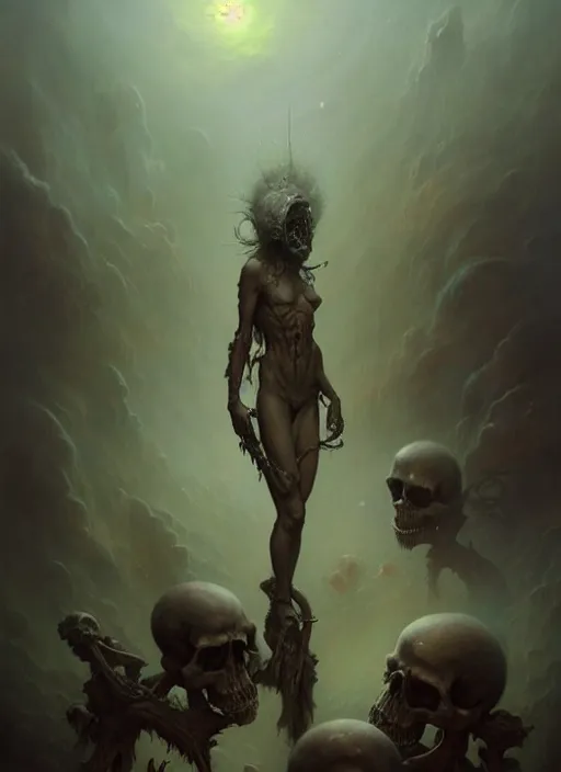 Image similar to shackled in the void of hell, frank frank frazetta and cgsociety, stunning god of sasquatch, charlie bowater and tom bagshaw, insanely detailed, deviantart, space art, atoms surrounded by skulls, death, and spirits deep under the haze smoke, horror, sci - fi, surrealist painting, by peter mohrbacher