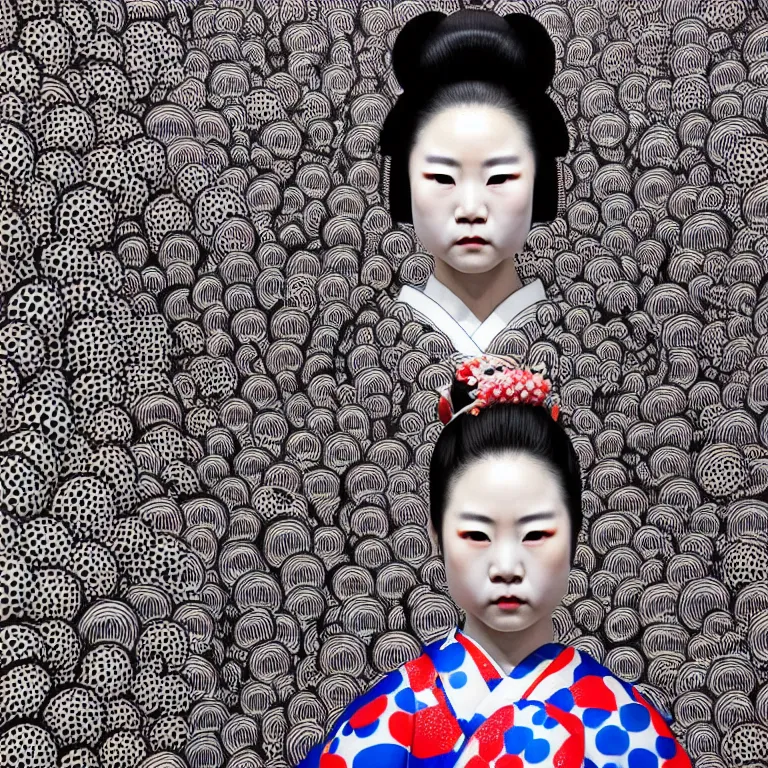 Image similar to hyperrealistic detailed image of a geisha in a art installation room, hd smooth interior by yayoi kusama, part by kei mieno, part by ross tran, dark art by james jean, ultra realistic, highly detailed, life like face, detailed body, 8 k, 3 d render by roger magrini, very cohesive, masterpiece