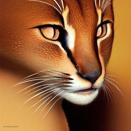 Image similar to portrait of caracal cat. elegant, highly detailed, digital painting, artstation, concept art, smooth, sharp focus, illustration, art by artgerm and greg rutkowski and alphonse mucha