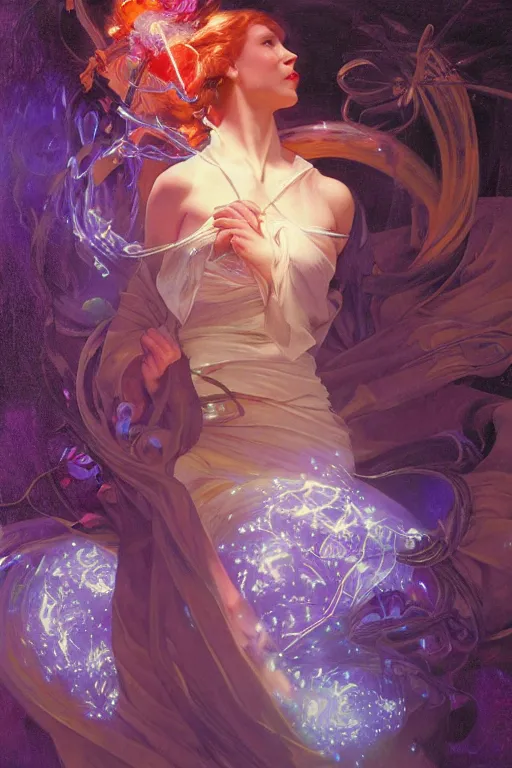 Image similar to she dreams of arcs of purple flame intertwined with glowing sparks, glinting particles of ice, dramatic lighting, steampunk, secret holographic cyphers, red flowers, bright neon solar flares, high contrast, smooth, sharp focus, art nouveau, painting by Caravaggio and Daytoner and ruan jia and greg rutkowski and Alphonse Mucha
