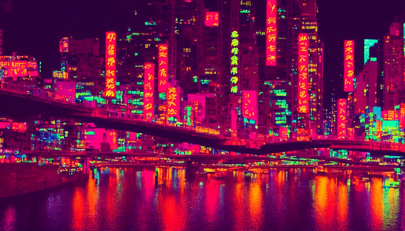 Prompt: 80s neon movie still, woman wearing a kimono looks over a river, city with neon lights is in front of her. movie still. hyperrealistic, high definition, medium format photography, highly detailed, tehnicolor, anamorphic 50mm lens