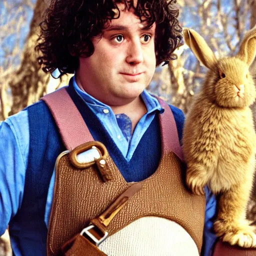Prompt: frowning clean shaven pudgy British lad with short curly dark brown hair as a hobbit wearing a white men's crossbody sling chest bag and blue vest standing next to a giant rabbit, blue vest! white crossbody chestbag! high resolution film still, movie by Peter Jackson
