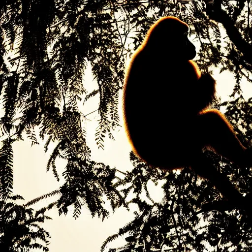 Image similar to rim light around fur of an ape on a tree, silhoutte, dim light, tree top, dslr award winning photo, nikon