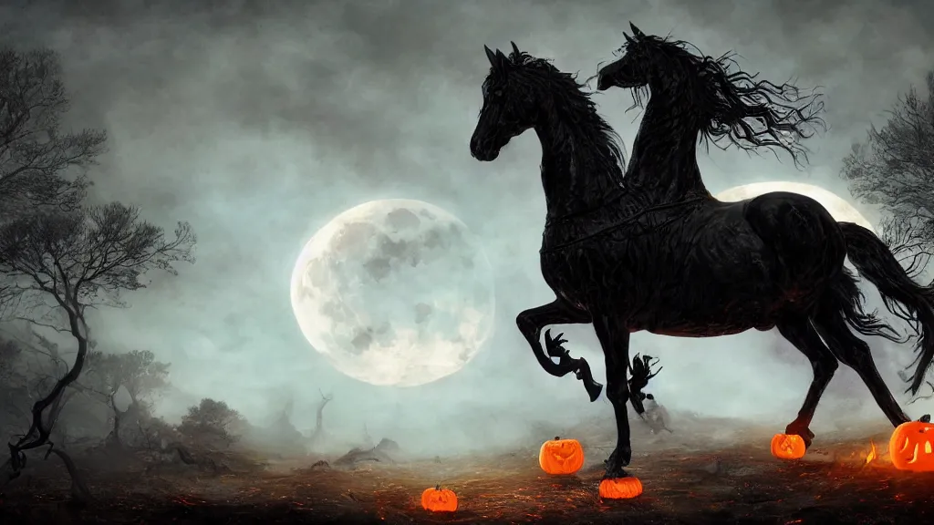 Prompt: rampant black horse with fiery eyes a headless colonial rider!!!! holds a ( jack - o - lantern ), background gnarled trees and large supermoon, in the styles of greg rutkowski, keith parkinson, and john quidor, intricate, detailed, volumetric lighting