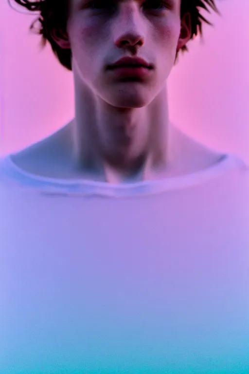 Image similar to high quality pastel coloured film mid angle selfie photograph of a beautiful young 2 0 year old male, soft features, black hair, standing in an icelandic black rock environment. atmospheric. three point light. photographic. art directed. ( pastel colours ). volumetric light. sheen. waves glitch. 8 k. filmic.