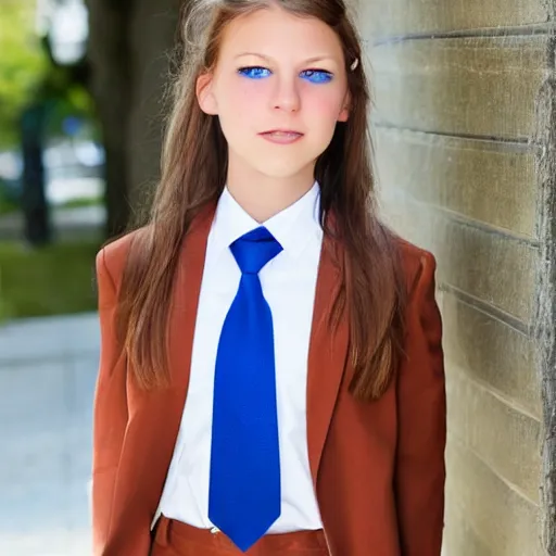 Image similar to a girl with blue eyes is wearing a tie and a white shirt