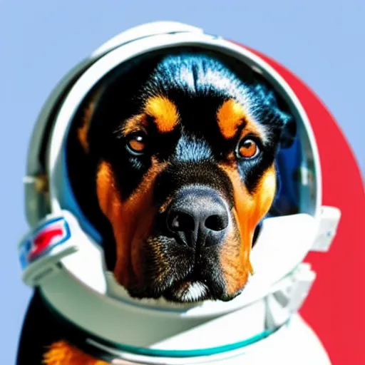 Image similar to a rottweiler dog wearing an astronaut helmet in space