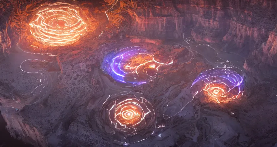 Image similar to night, a lot of people and a spiral - shaped white luminous attractor is floating in grand canyon, concept art, art for the game, professional lighting, art