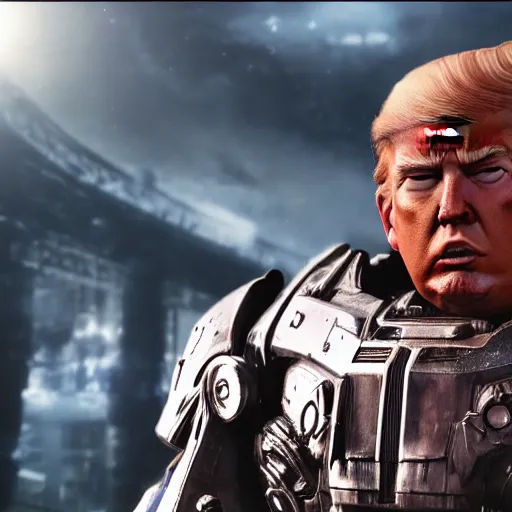 Prompt: donald trump! as optimus prime in ( gears of war ), splash art, maga!, patriot!, movie still, detailed face, photorealistic facial features, cinematic lighting, dramatic, octane render, long lens, shallow depth of field, bokeh, anamorphic lens flare, 8 k, hyper detailed, 3 5 mm film grain