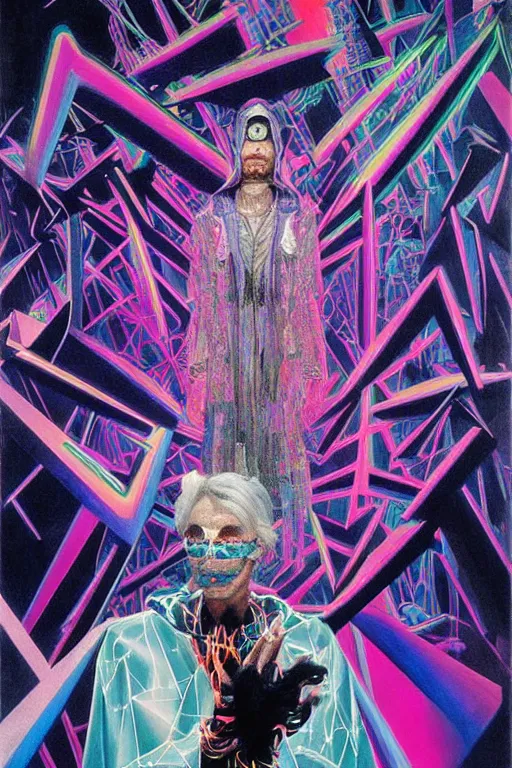 Image similar to a highly detailed beautiful masterpiece portrait painting of a technomancer wizard in dazzle camouflage robes with pointed hood facetiming his AI djinn hologram in his laboratory near a holographic super-computer by Remedios Varo and Anato Finnstark and Greg Rutkowski and Andy Warhol, dayglo pink, dayglo blue, prismatic, pearlescent white, raven black, glowing, hyperrealism, 8k, trending on ArtStation, rendered in Octane, rendered in Unreal engine, award winning, volumetric lighting, fisheye lense