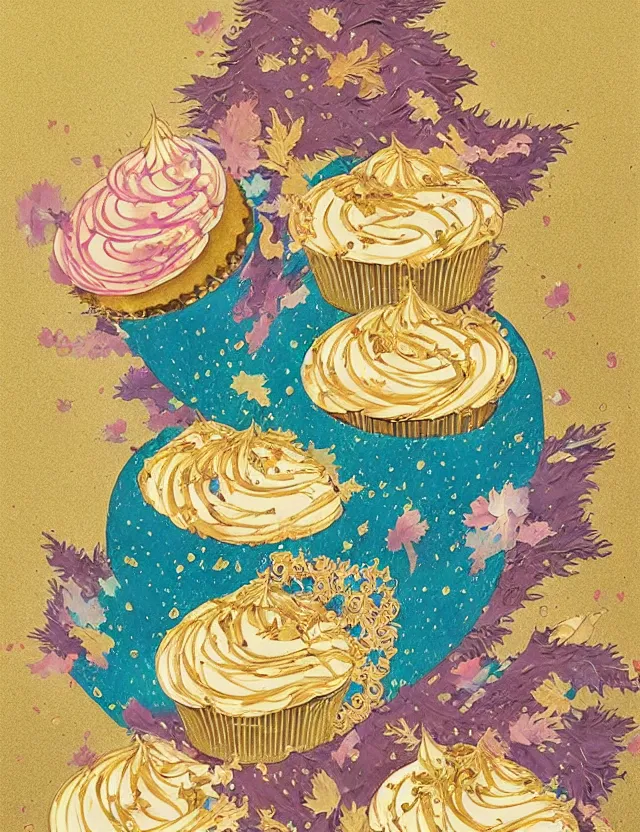 Prompt: spirit of cupcakes lost in the mountains. this gouache and gold leaf work by the award - winning mangaka has a beautiful composition and intricate details.