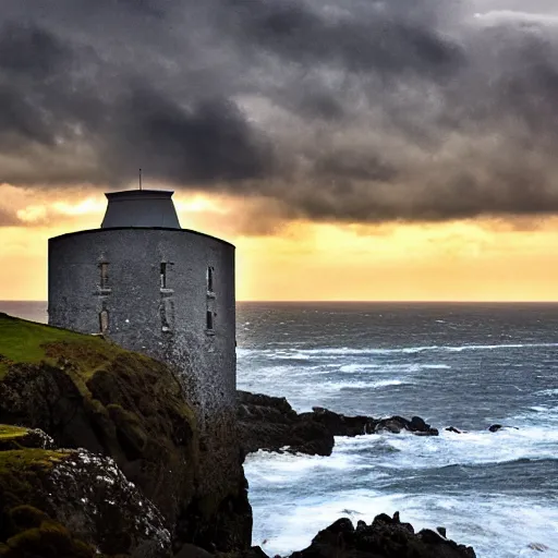 Prompt: old defense tower at the coast of ireland in stormy weather, composition