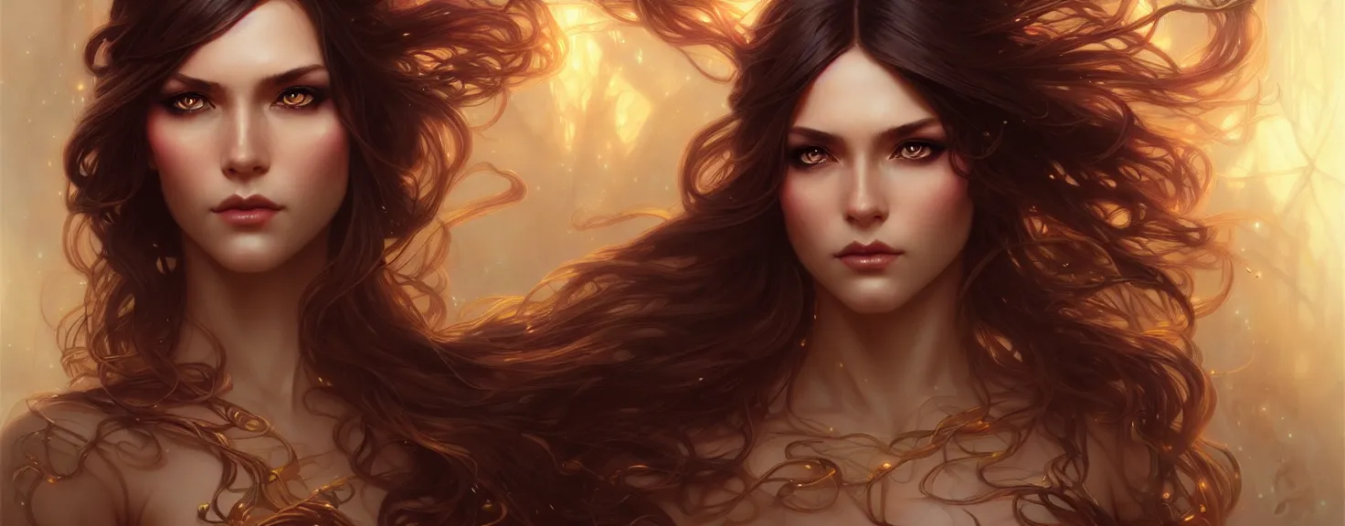 Image similar to fantasy magic woman portrait, sci-fi, amber eyes, face, long hair, fantasy, intricate, elegant, highly detailed, digital painting, artstation, concept art, smooth, sharp focus, illustration, art by artgerm and greg rutkowski and alphonse mucha