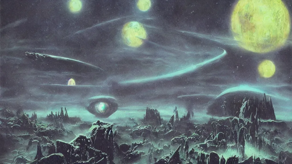 Image similar to eerie atmospheric alien planet empire by jack gaughan and bob eggleton and chris moore, epic cinematic matte painting