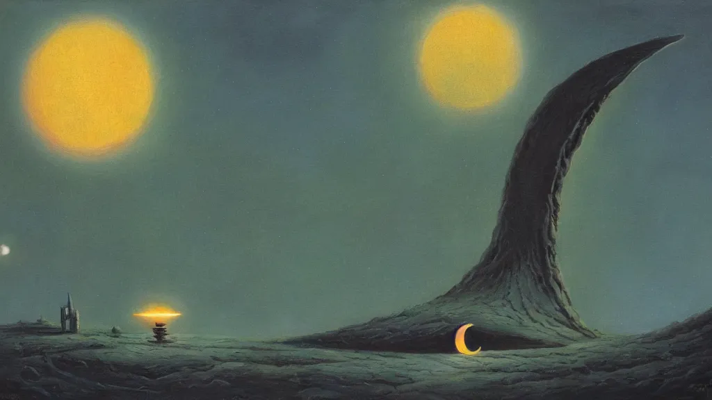 Image similar to mysterious sculpture of an alien crescent moon by paul lehr and john schoenherr, cinematic matte painting