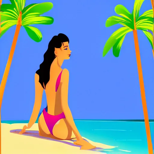 Image similar to a beautiful illustration of a woman in a swimsuit on the beach with palm trees by hed kandi, adobe illustrator