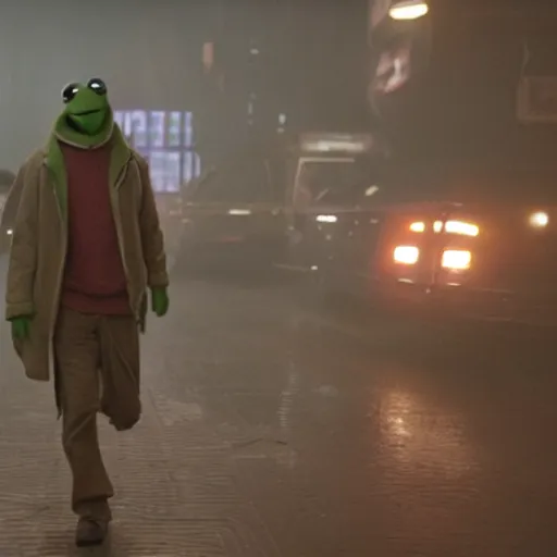 Prompt: a still of kermit the frog, from blade runner 2 0 4 9