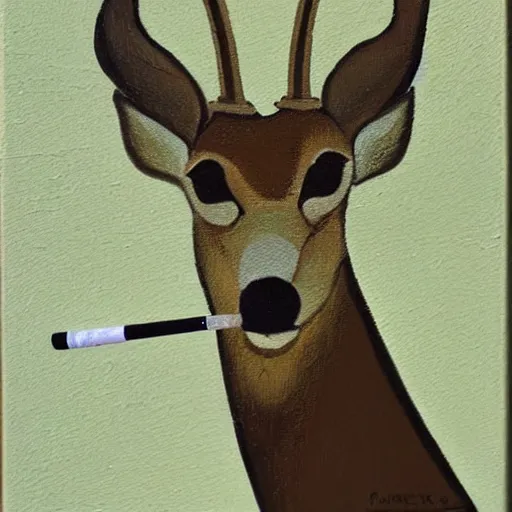 Image similar to deer with a cigarette in its mouth, stylized, artistic, great contrast, brown and green, rule of thirds, dripping paint, thick strokes, gouche