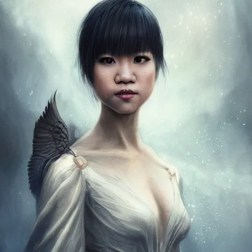 Image similar to like dust, magic gathers in overlooked places, photorealistic portrait of yuja wang in style of tom bagshaw and greg rutkowski. absolutely stunning!, sitting on the palace stairs, symmetrical perfect face, porcelain skin, ultra - detailed, digital art, 8 k