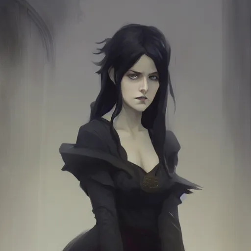 Image similar to female human vampire witch in the style of greg rutkowski, makoto shinkai, trending on artstation, character design, concept art, pretty face, highly detailed, long black hair, portrait, digital art