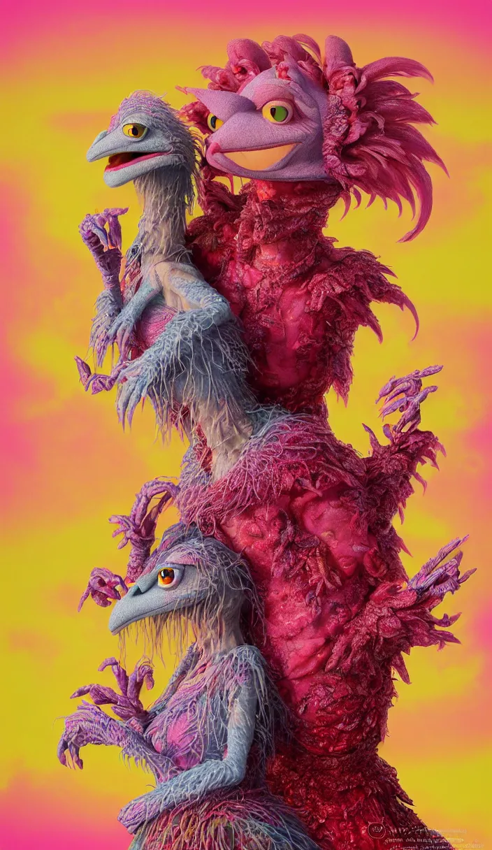 Image similar to hyper detailed 3d render like a Oil painting - kawaii portrait of two Aurora (a beautiful skeksis muppet fae queen protector heroine from dark crystal that looks like Anya Taylor-Joy) seen red carpet photoshoot in UVIVF posing in scaly dress to Eat of the Strangling network of yellowcake aerochrome and milky Fruit and His delicate Hands hold of gossamer polyp blossoms bring iridescent fungal flowers whose spores black the foolish stars by Jacek Yerka, Ilya Kuvshinov, Mariusz Lewandowski, Houdini algorithmic generative render, Abstract brush strokes, Masterpiece, Edward Hopper and James Gilleard, Zdzislaw Beksinski, Mark Ryden, Wolfgang Lettl, hints of Yayoi Kasuma and Dr. Seuss, octane render, 8k