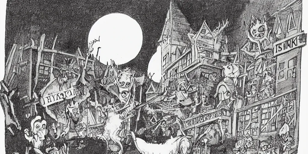 Image similar to Artwork by Maurice Sendak of the cinematic view of the Seventh Terrifying Prison.