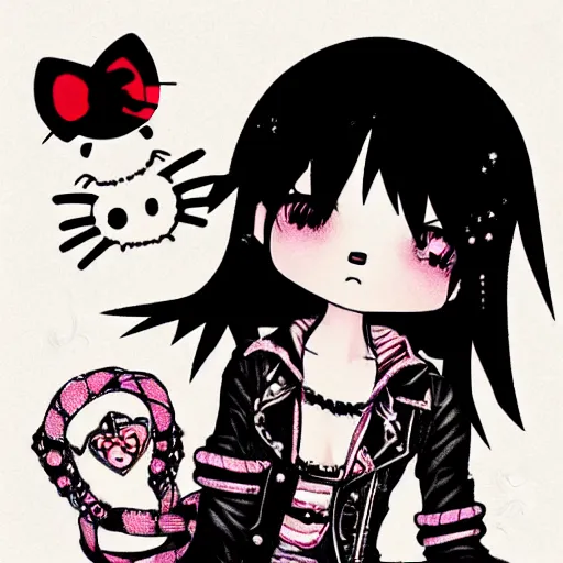 Image similar to punk little girl, profile picture, grunge fashion, reflection, cute artwork, inspired by made in abyss, hello kitty art style, gothic style, 8 k